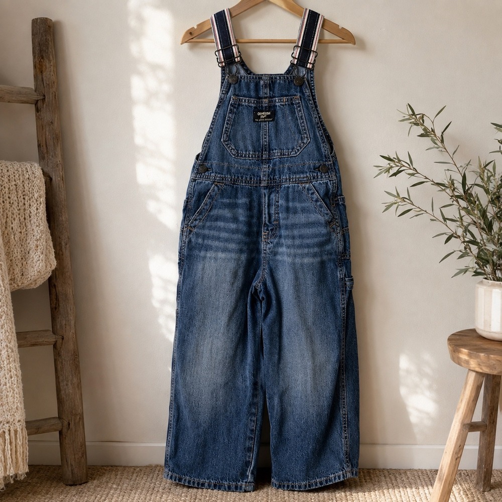 OshKosh Bgosh Toddler 3T Blue Denim Bib Overalls Striped Straps